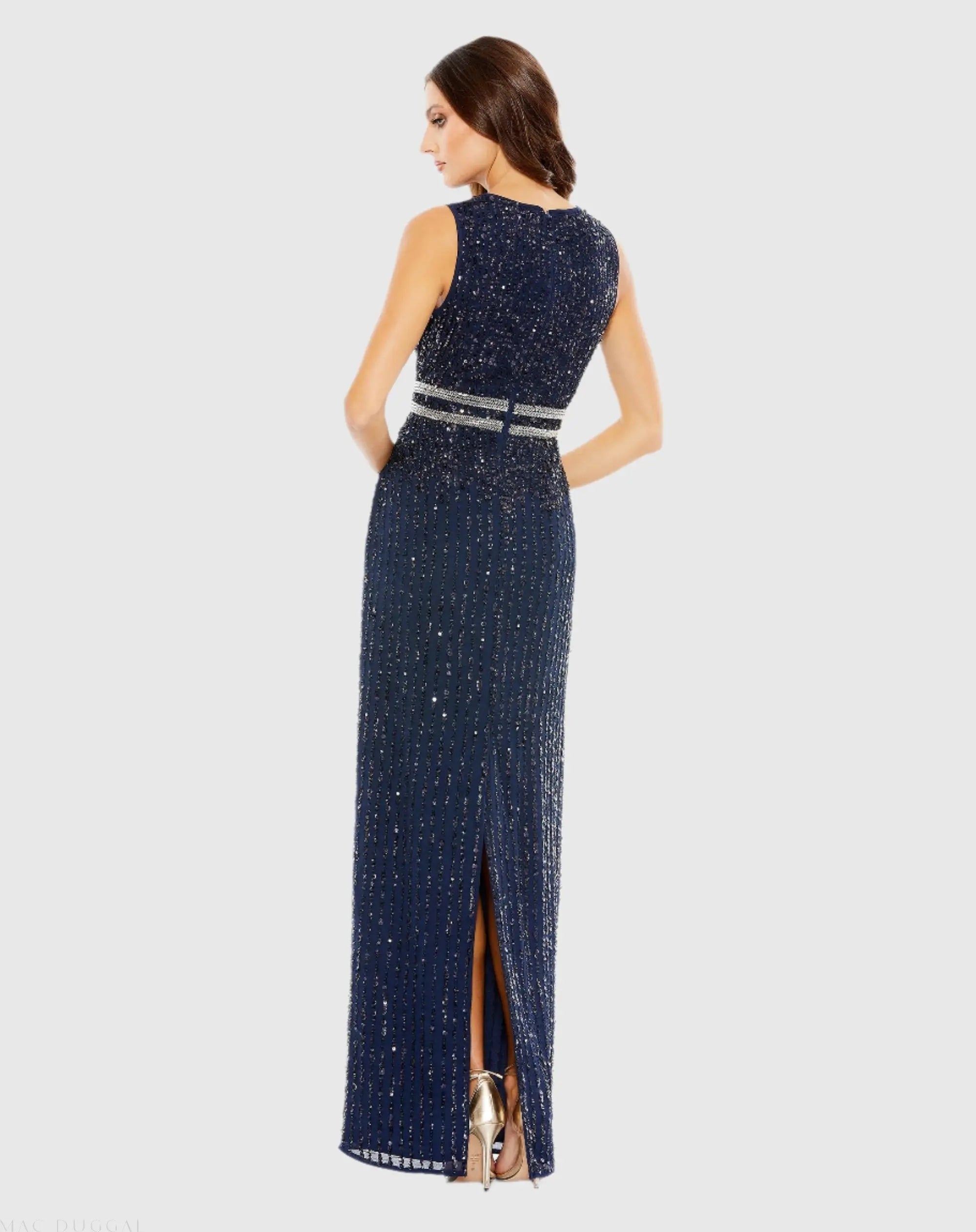 Blue Sequined High Neck Sleeveless Column Gown