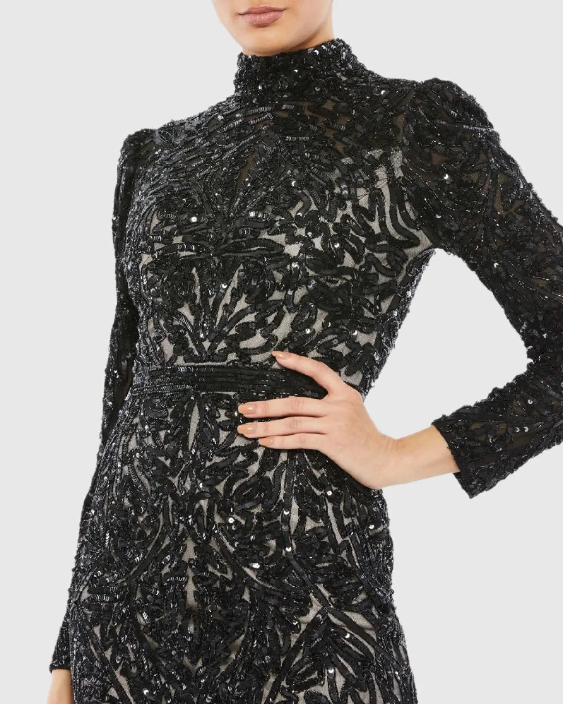 Black Embellished Mock Neck Long Sleeve Dress
