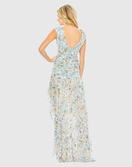 Blue Floral Print Ruched Cap Sleeve High Low Gown
