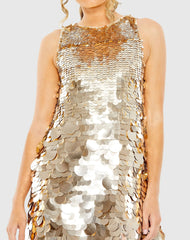 Gold Sleeveless Disc Sequin Trapeze Dress