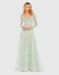 Green Crystal Embellished Long Sleeve V Neck Gown