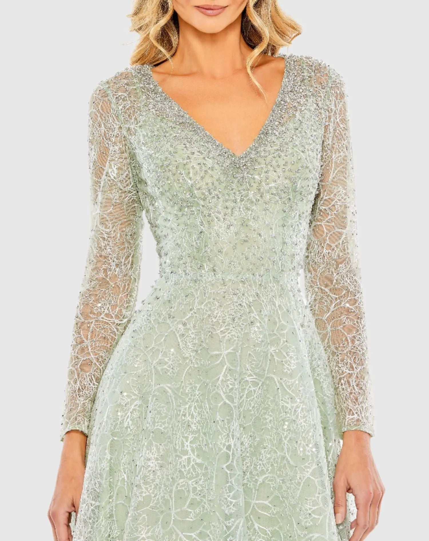 Green Crystal Embellished Long Sleeve V Neck Gown