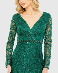Green Embellished Wrap Over Long Sleeve Gown