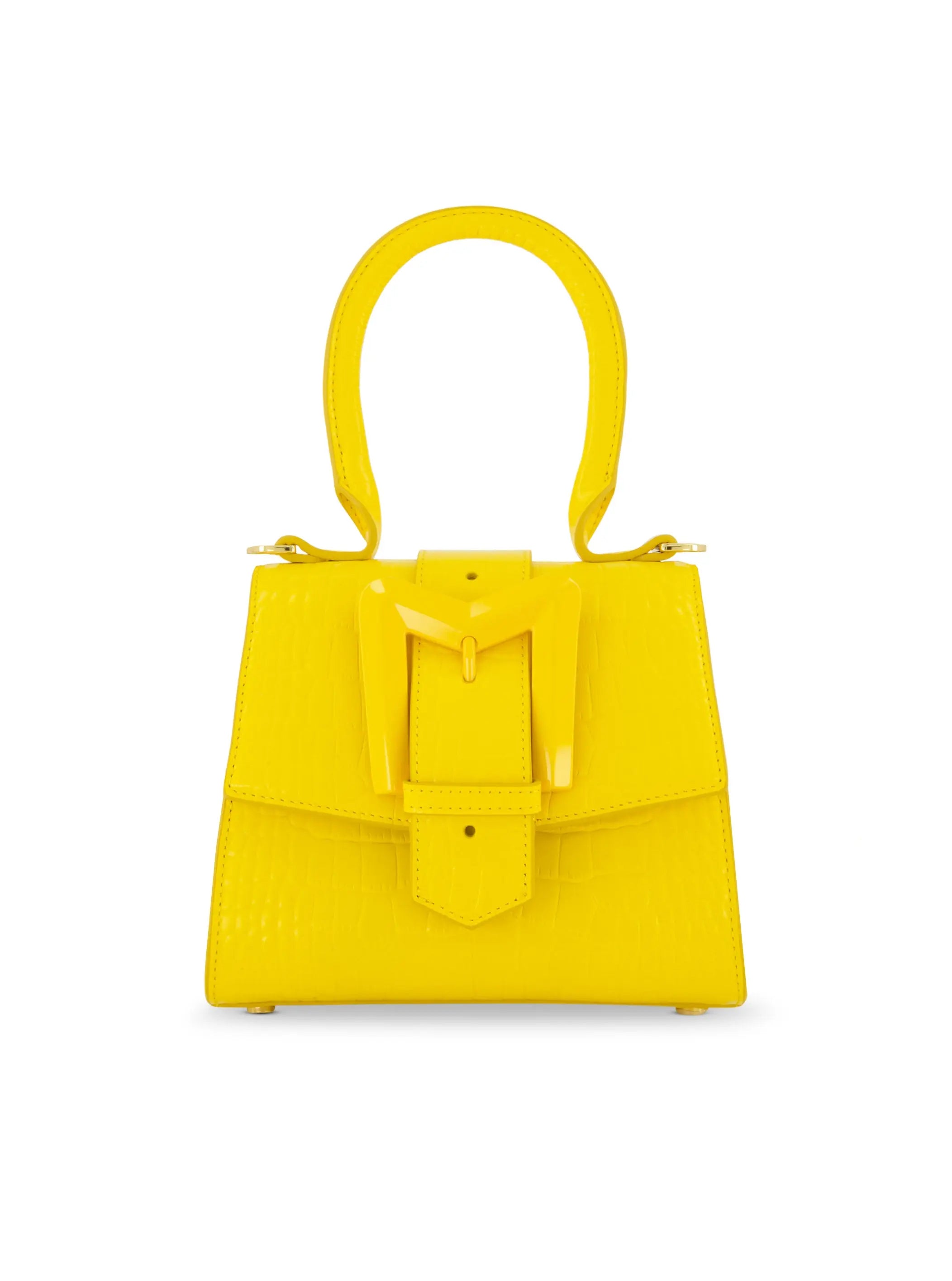 Yellow Buckled Mini Croco Leather Handbag with Detachable Strap