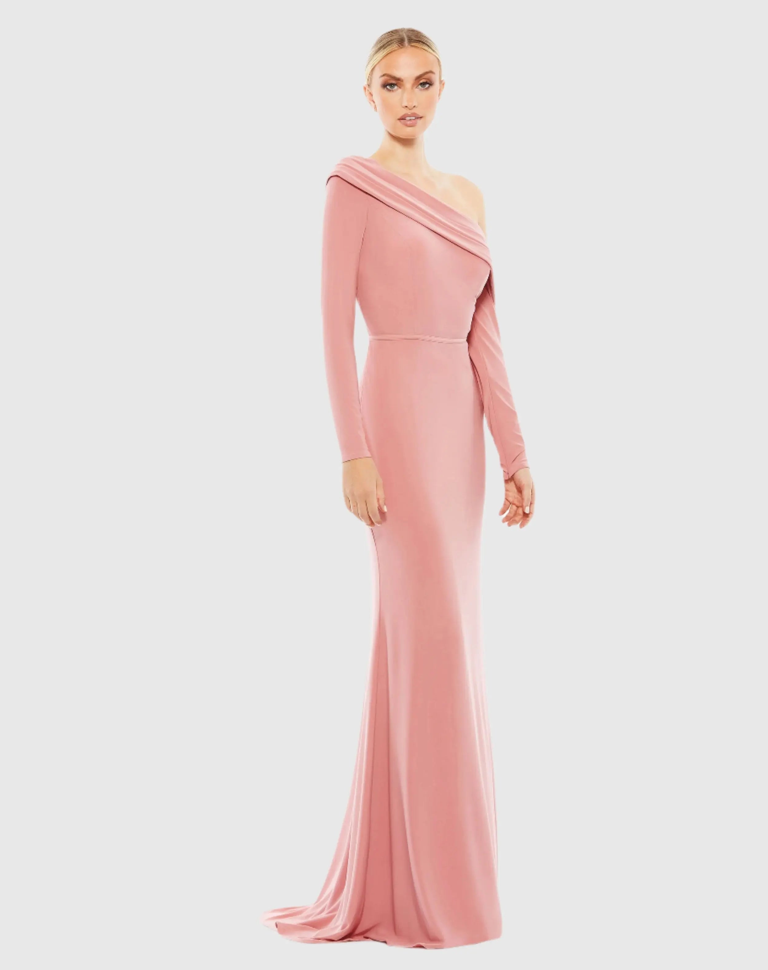 Pink Drop Shoulder Long Sleeve Column Gown
